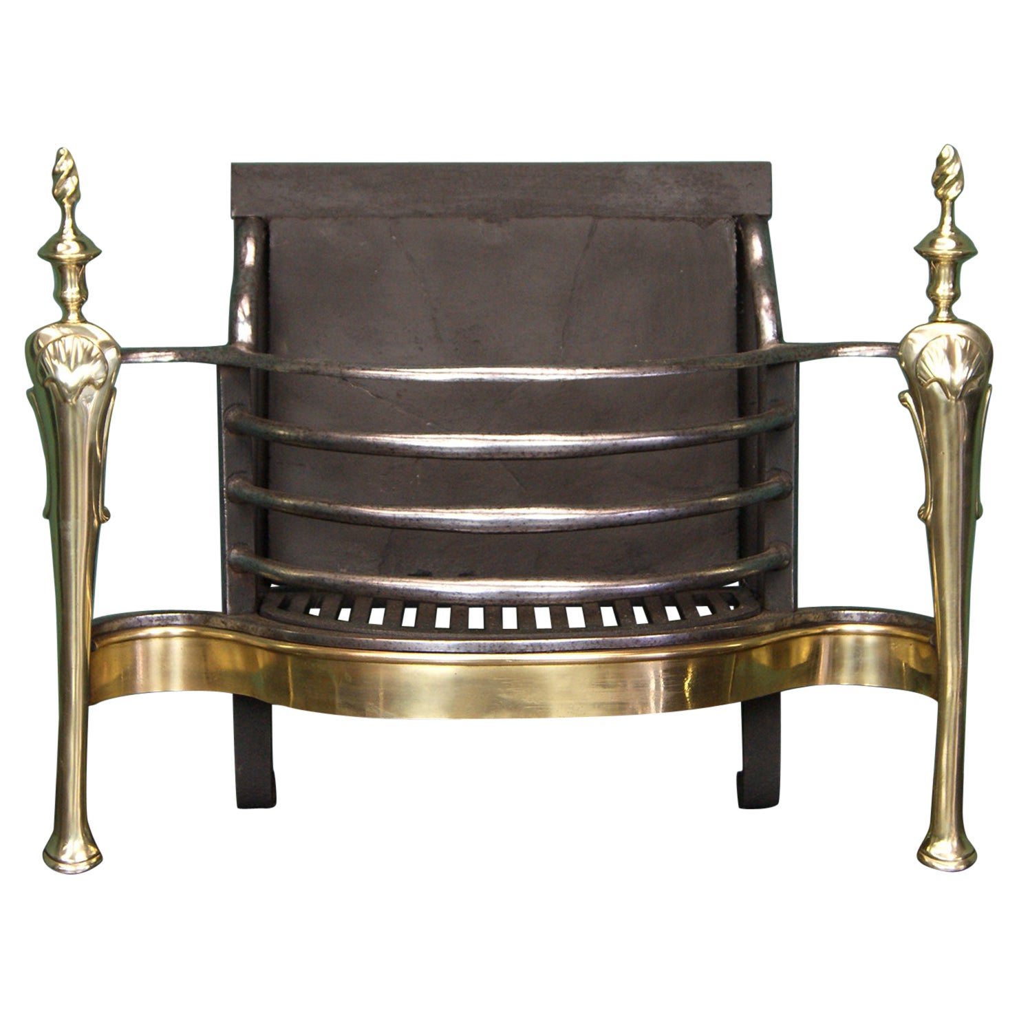 Wrought & Brass Fire Grate in the Queen Anne Manner For Sale