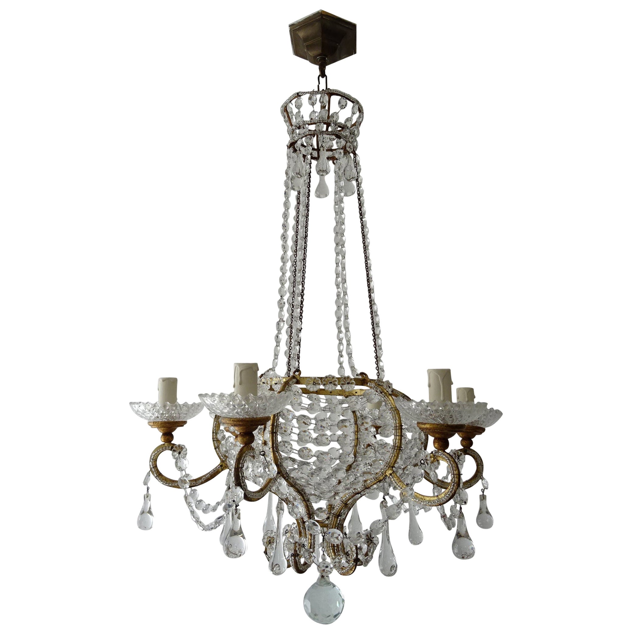 French Beaded Basket Crystal Gold Gilt with Crown Chandelier, 19th Century For Sale