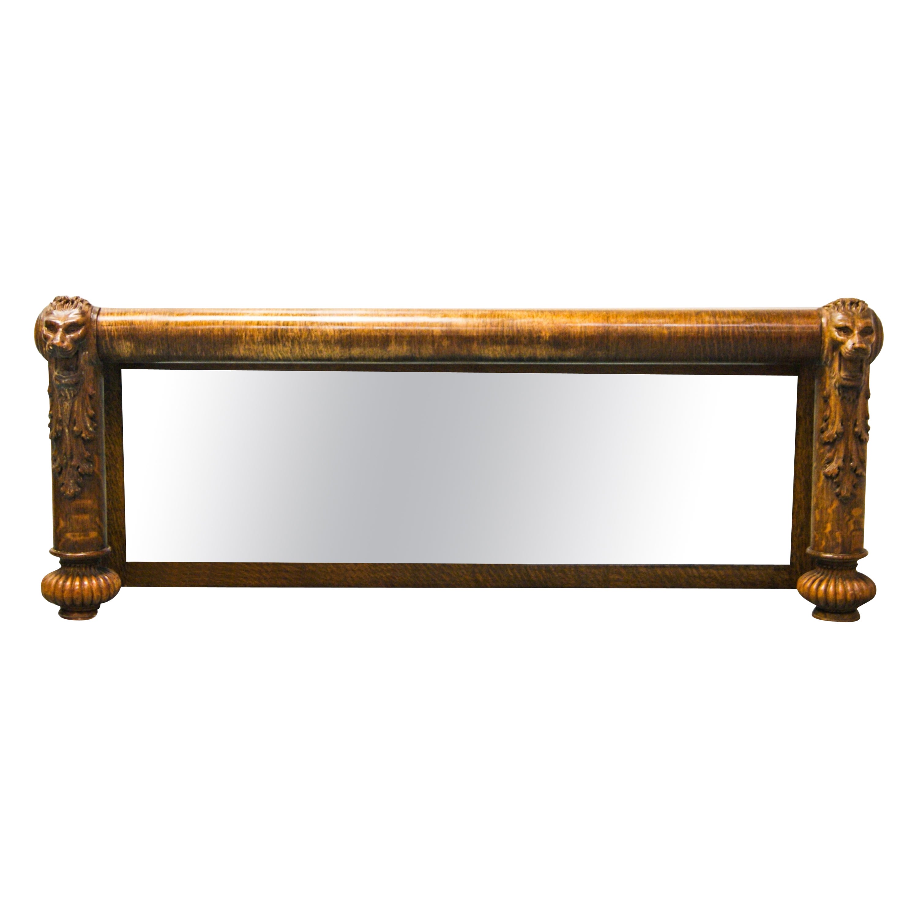 Antique Solid Oak Carved Lion Heads Rectangular Overmantel Mirror or Hall Bench For Sale