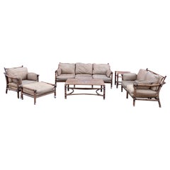 1970s  McQuire Target Back Faux Rattan Aluminum Sofa Chair Set