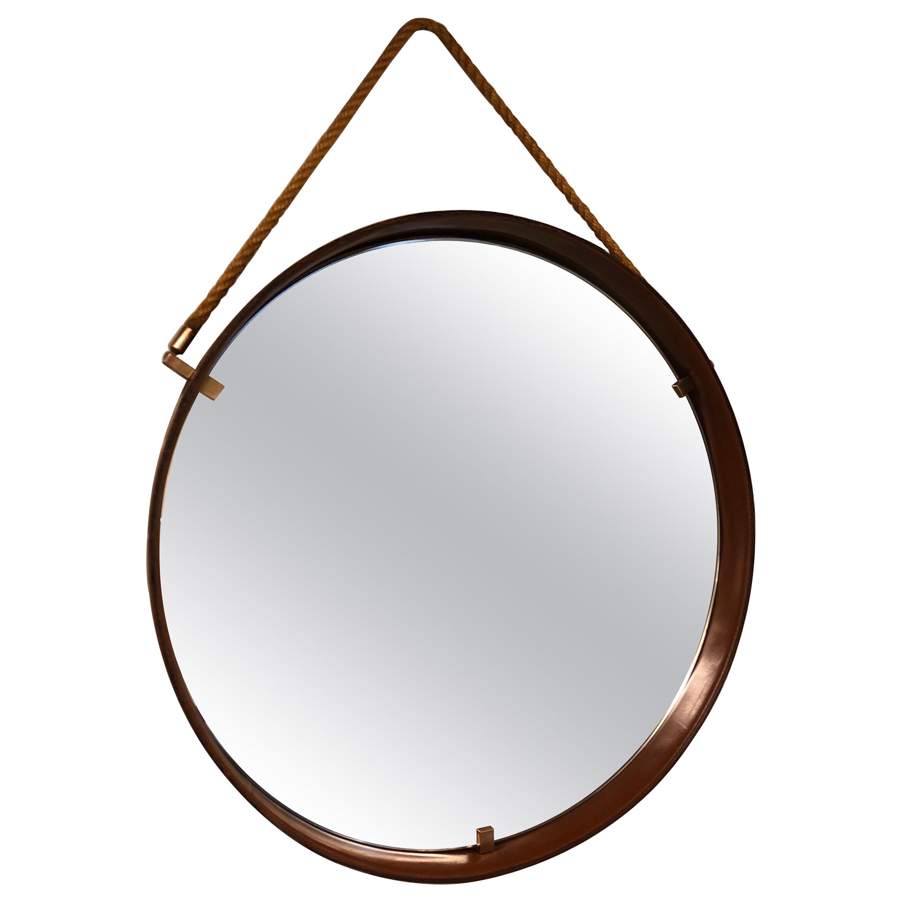 Pizzetti Cognac Leather Mirror, 1950s, Italy For Sale