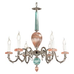 21st Century, 6-Lights Chandelier in pink and green Crystal and Bronze 