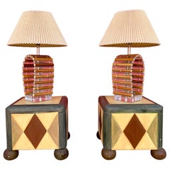 Retro 1970s Lucite and Rattan Sculptural Cylinders Lamps