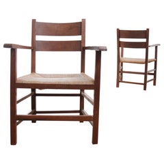 Two Dutch Ladder Back Oak Rush Seat Armchairs