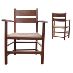 Two Dutch Ladder Back Oak Rush Seat Armchairs