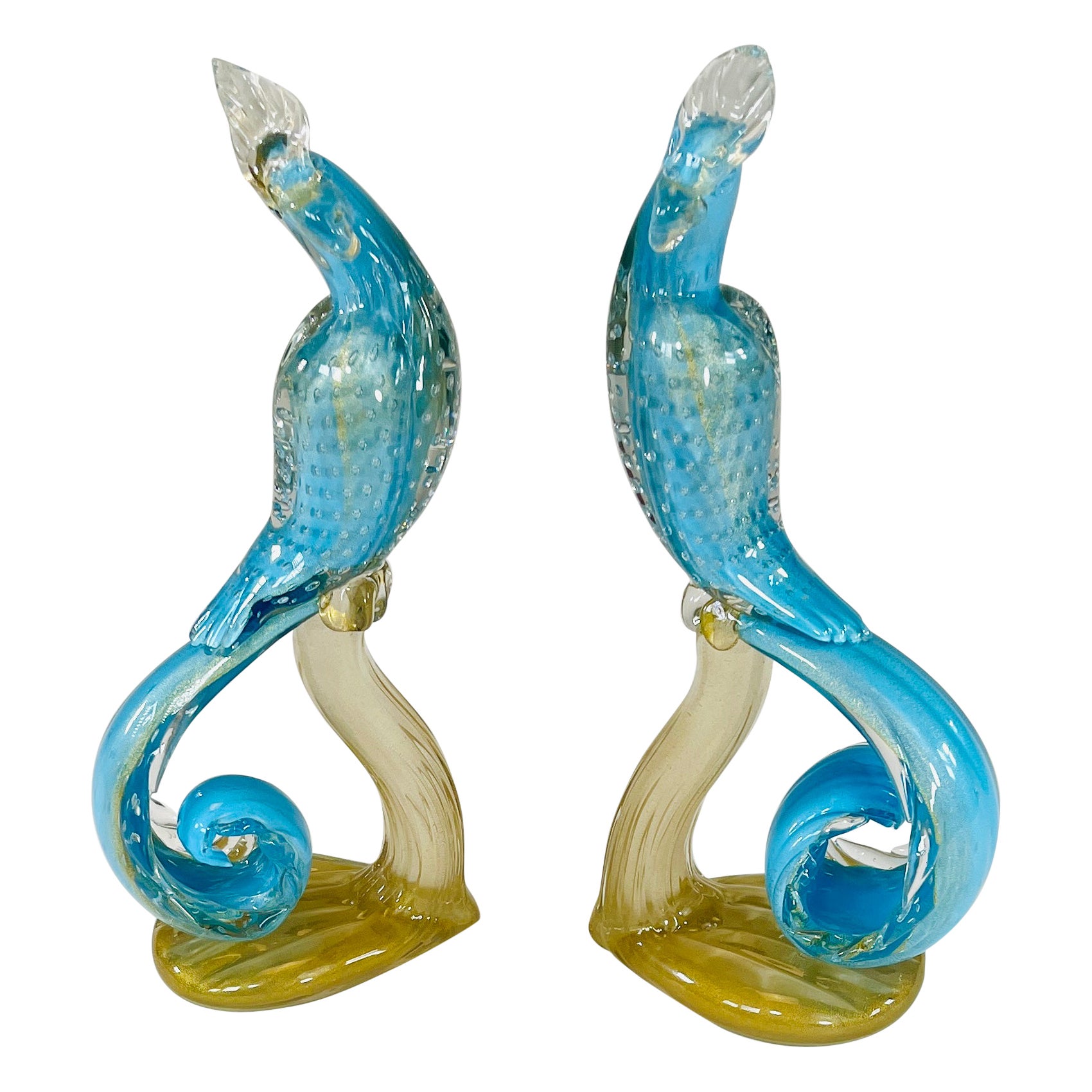 Pair of Venetian/Murano Barbini Turquoise Exotic Bird Sculptures For Sale