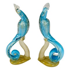 Retro Pair of Venetian/Murano Barbini Turquoise Exotic Bird Sculptures
