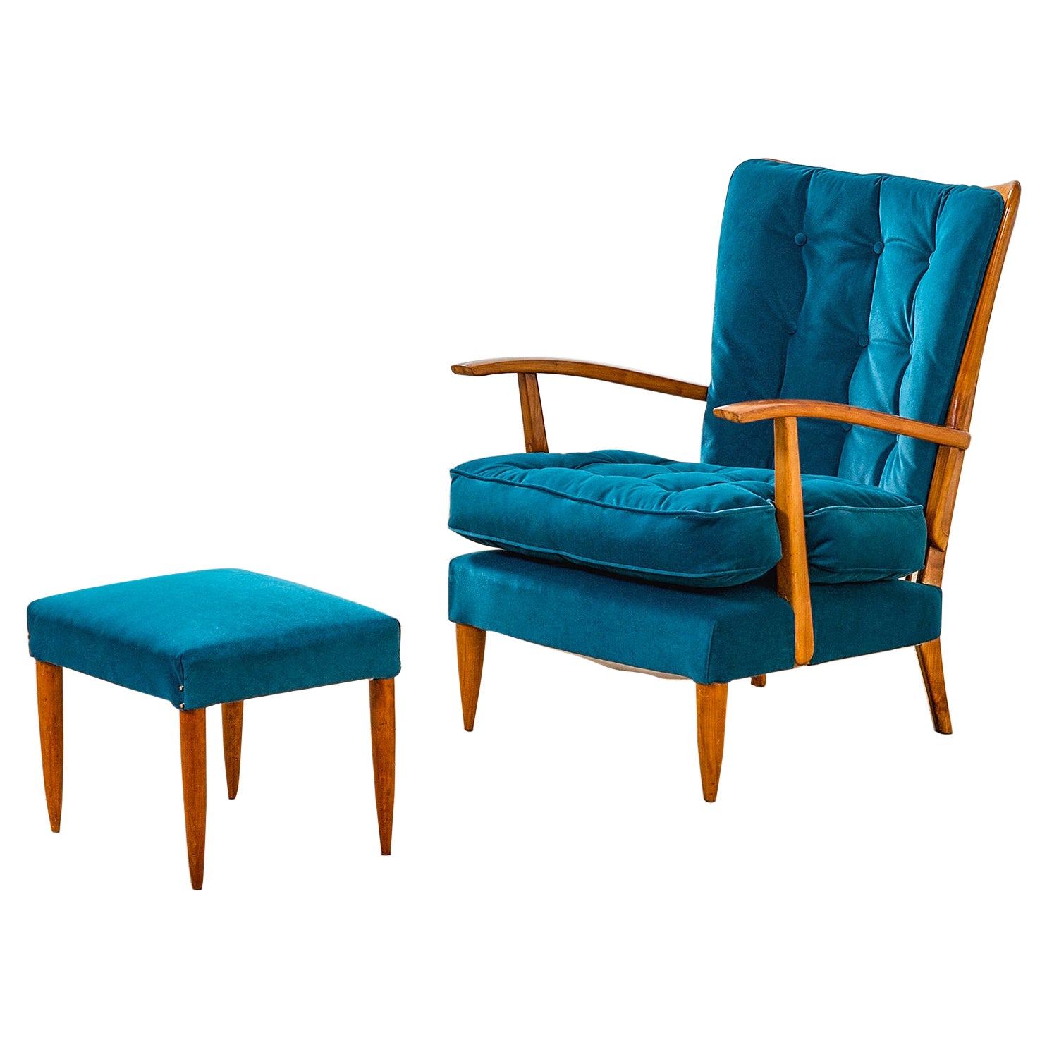 20th Century Paolo Buffa Armchair & Pouf in Wood and Upholstery for Marelli, 50s