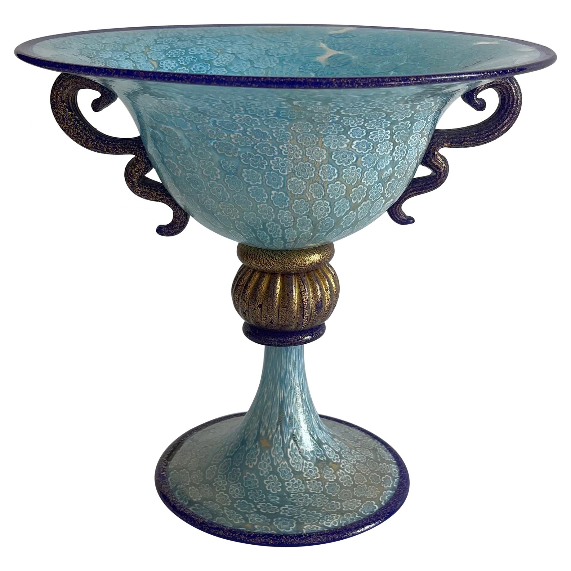 Murano Gambaro & Poggi Blown Glass Blue Millefiori Footed Bowl For Sale