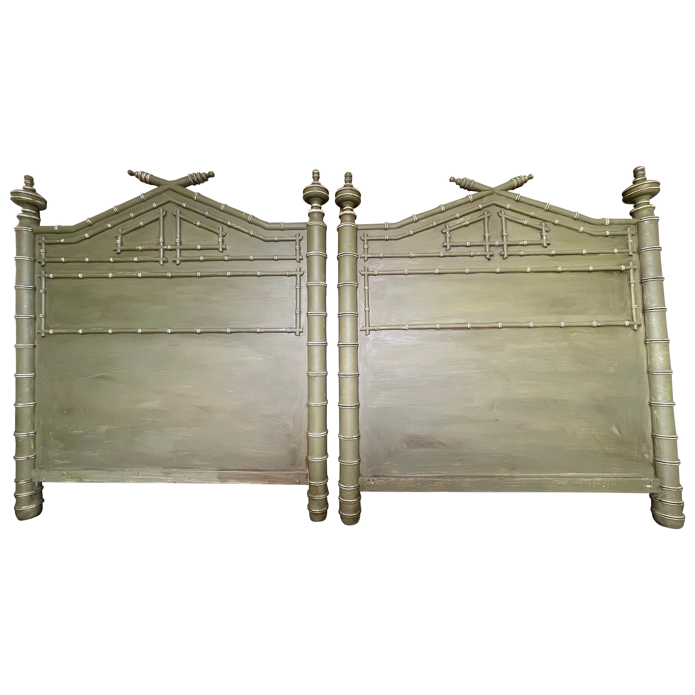 Pair of Faux Bamboo Carved Twin Headboards in Green Paint