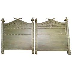 Pair of Faux Bamboo Carved Twin Headboards in Green Paint