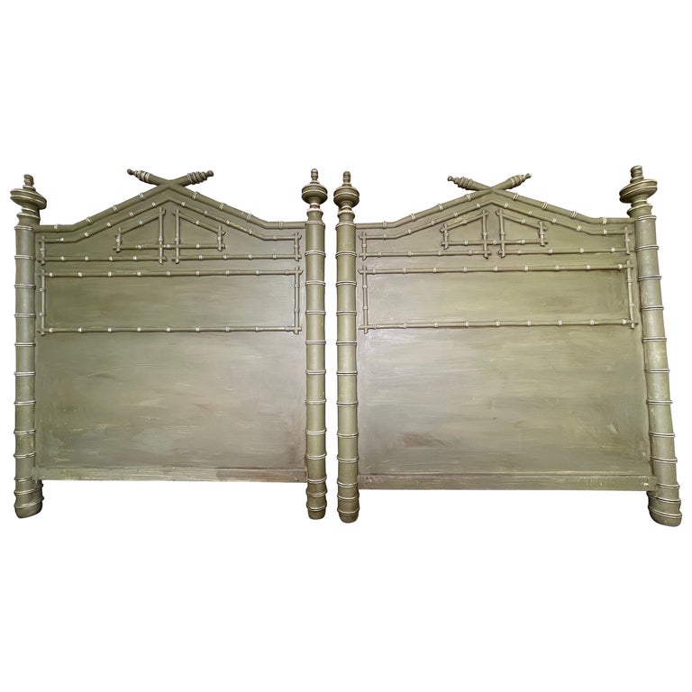 Pair of Faux Bamboo Carved Twin Headboards in Green Paint For Sale at