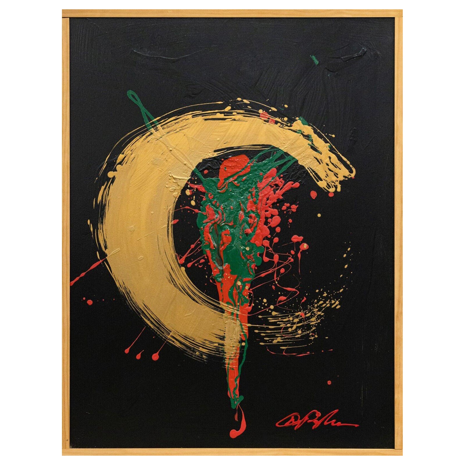 Dominic Pangborn Untitled Abstract Gold Swirl with Red & Green Painting on Board For Sale