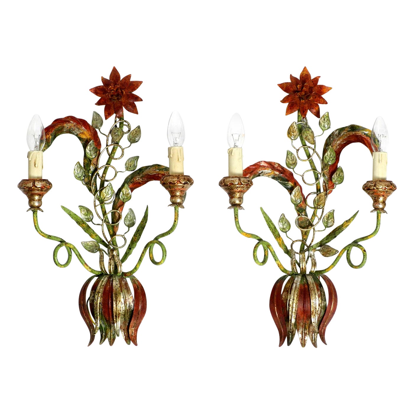 Pair of Beautiful Large Floral Italian Mid-Century Modern Metal Sconces