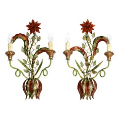Pair of Beautiful Large Floral Italian Mid-Century Modern Metal Sconces