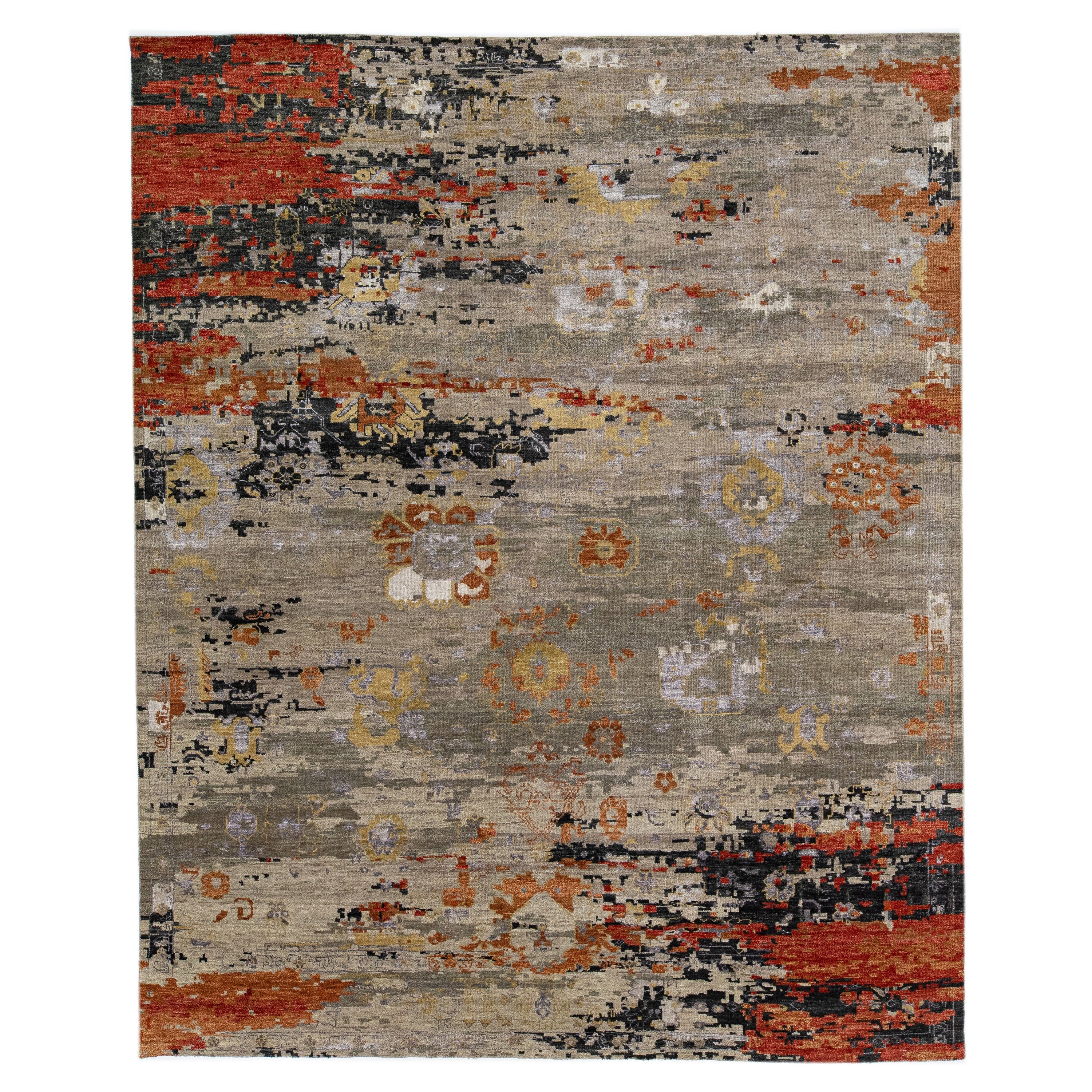 Modern Handmade Orange Abstract Wool & Silk Rug For Sale