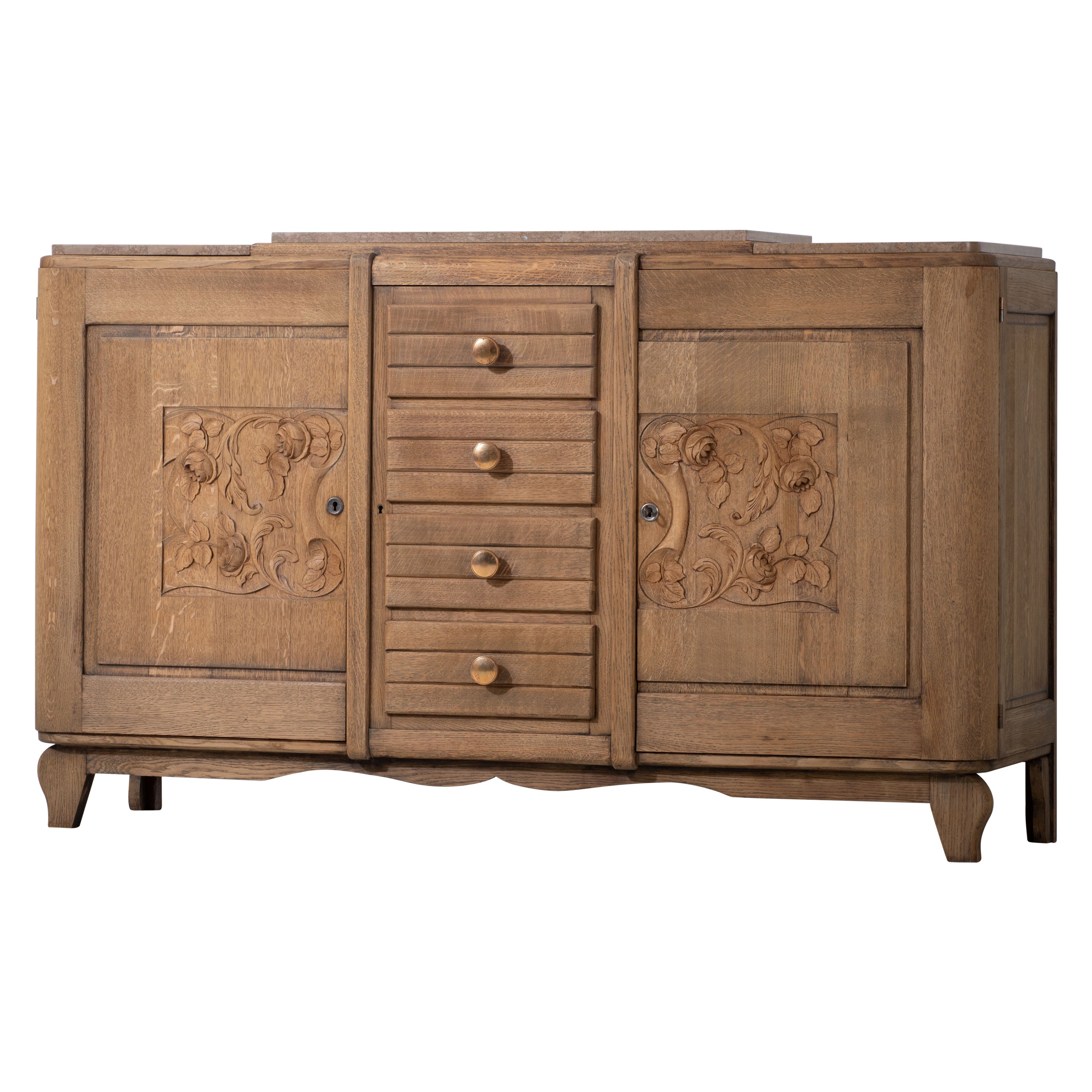 French Solid Oak Credenza with Carved Details, 1940s