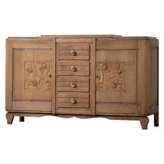 French Solid Oak Credenza with Carved Details, 1940s
