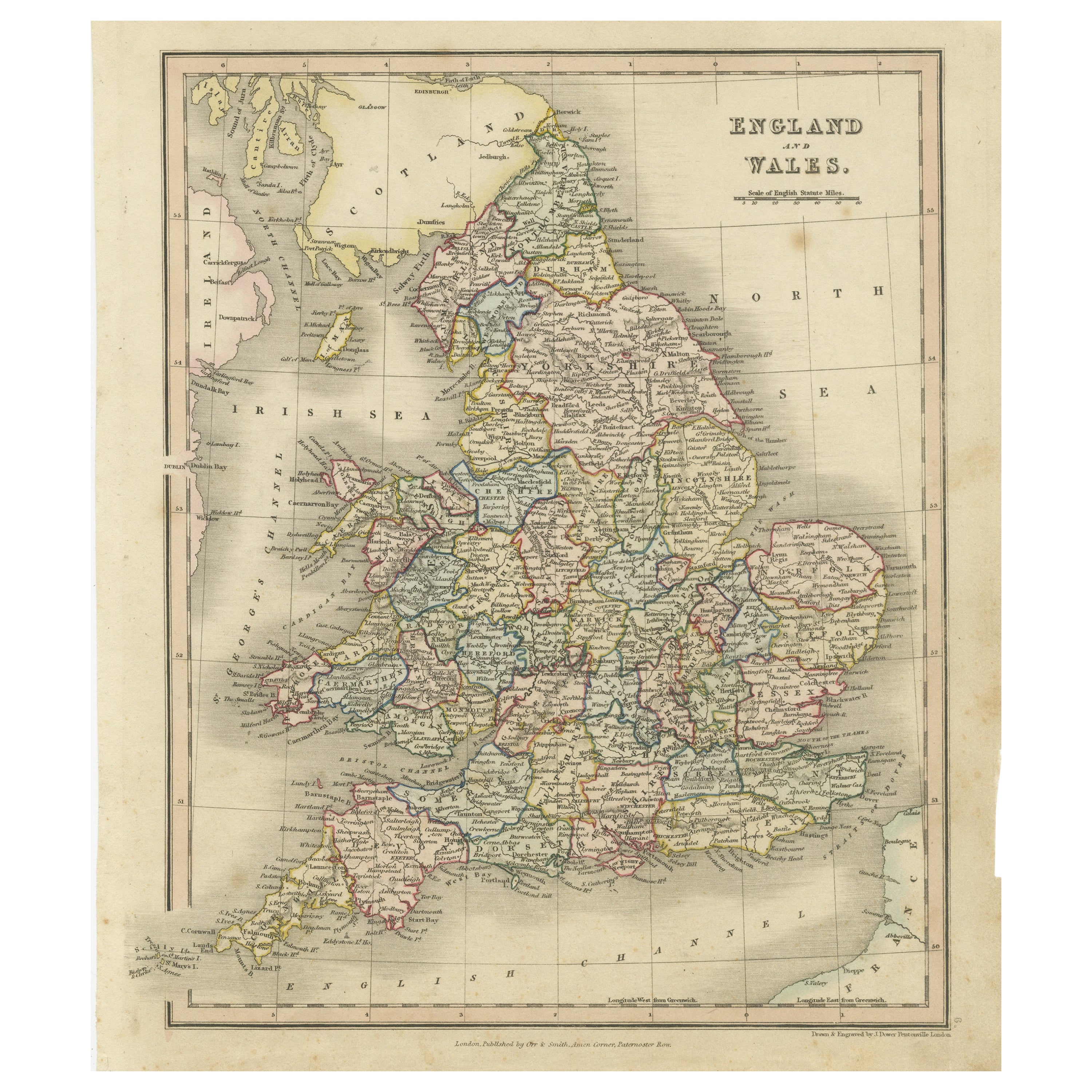 Antique Map of England and Wales, Also Showing the English Channel For Sale