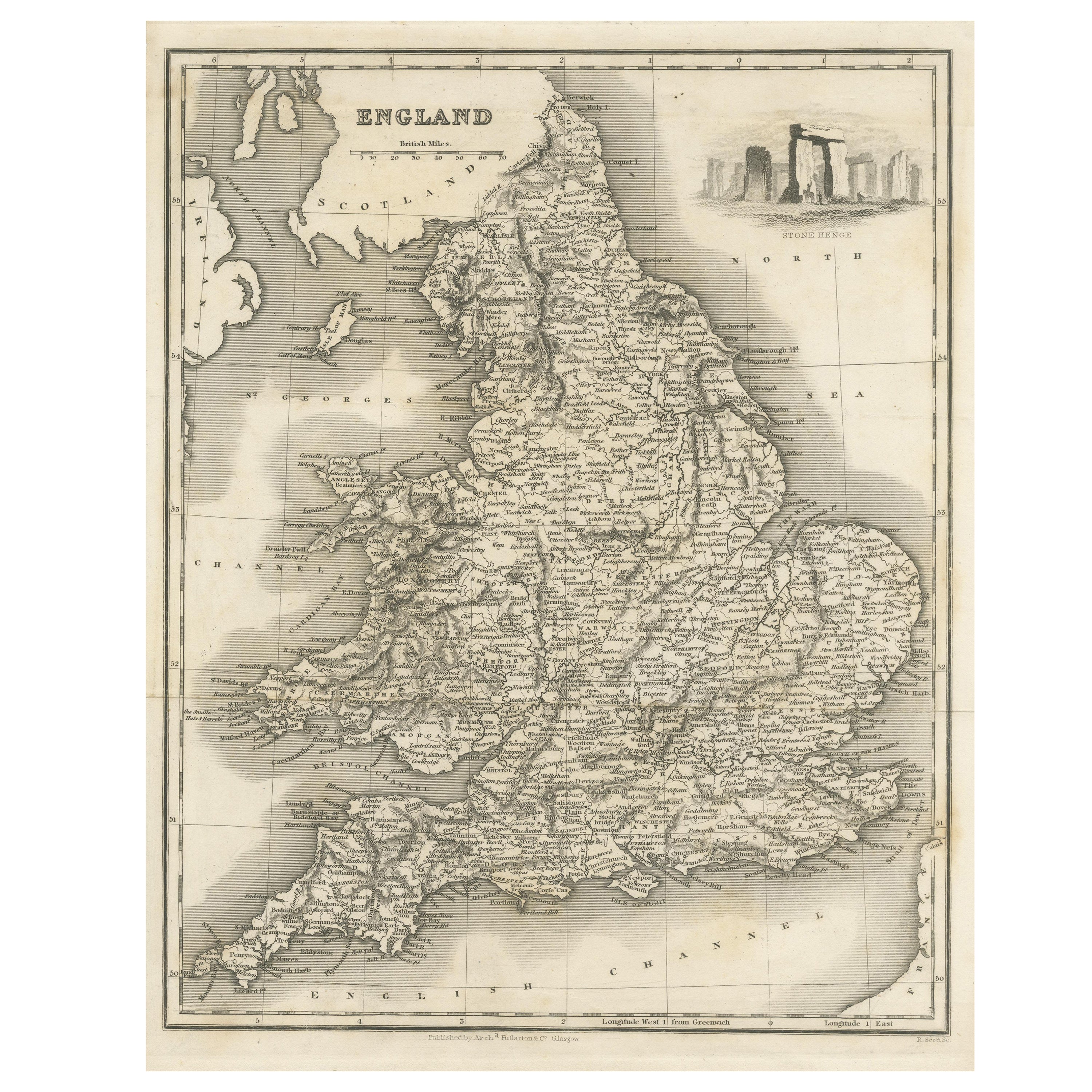 Antique Map of England with Vignette of Stonehenge