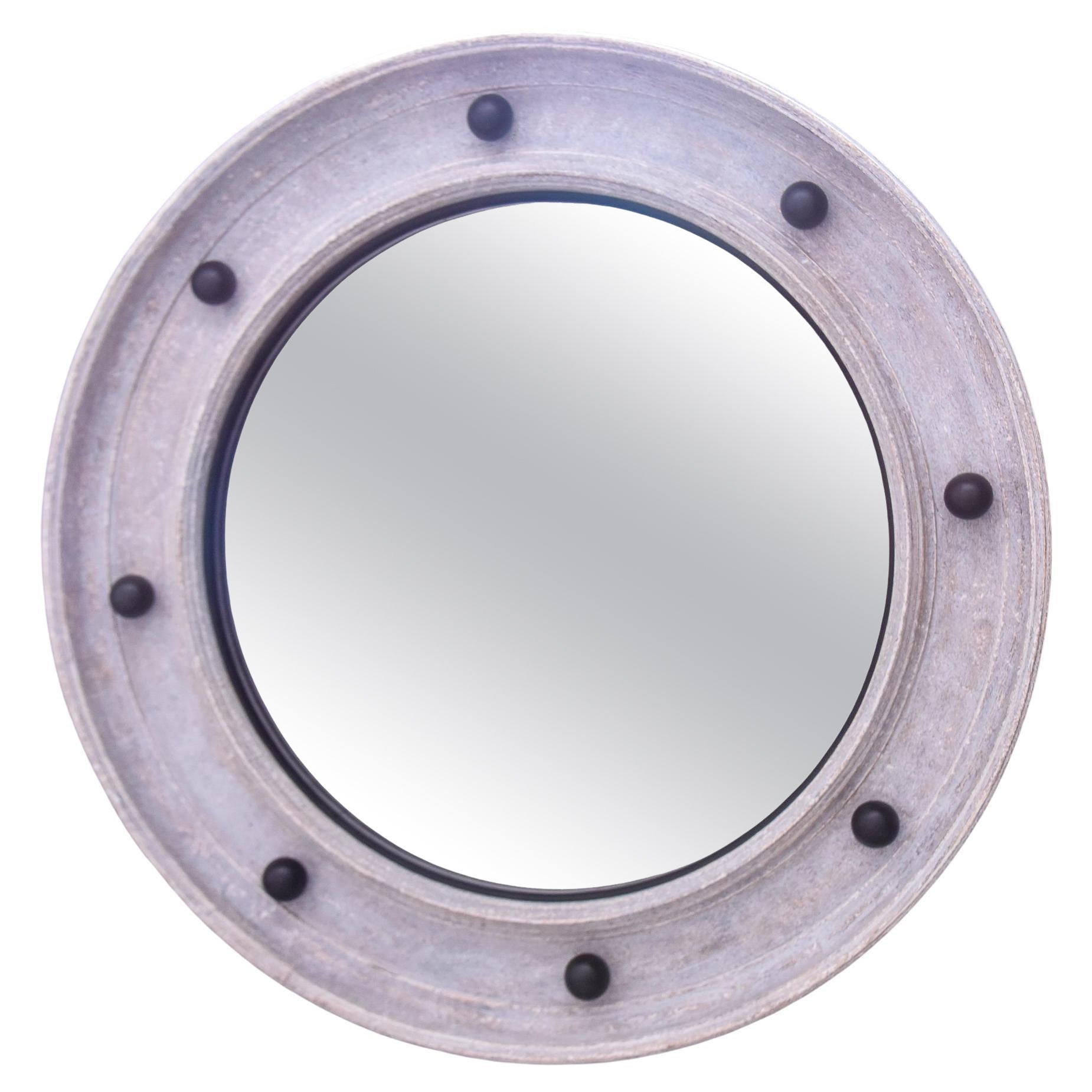 Round Swedish Style Mirror with Gray Paint and Black Spheres For Sale