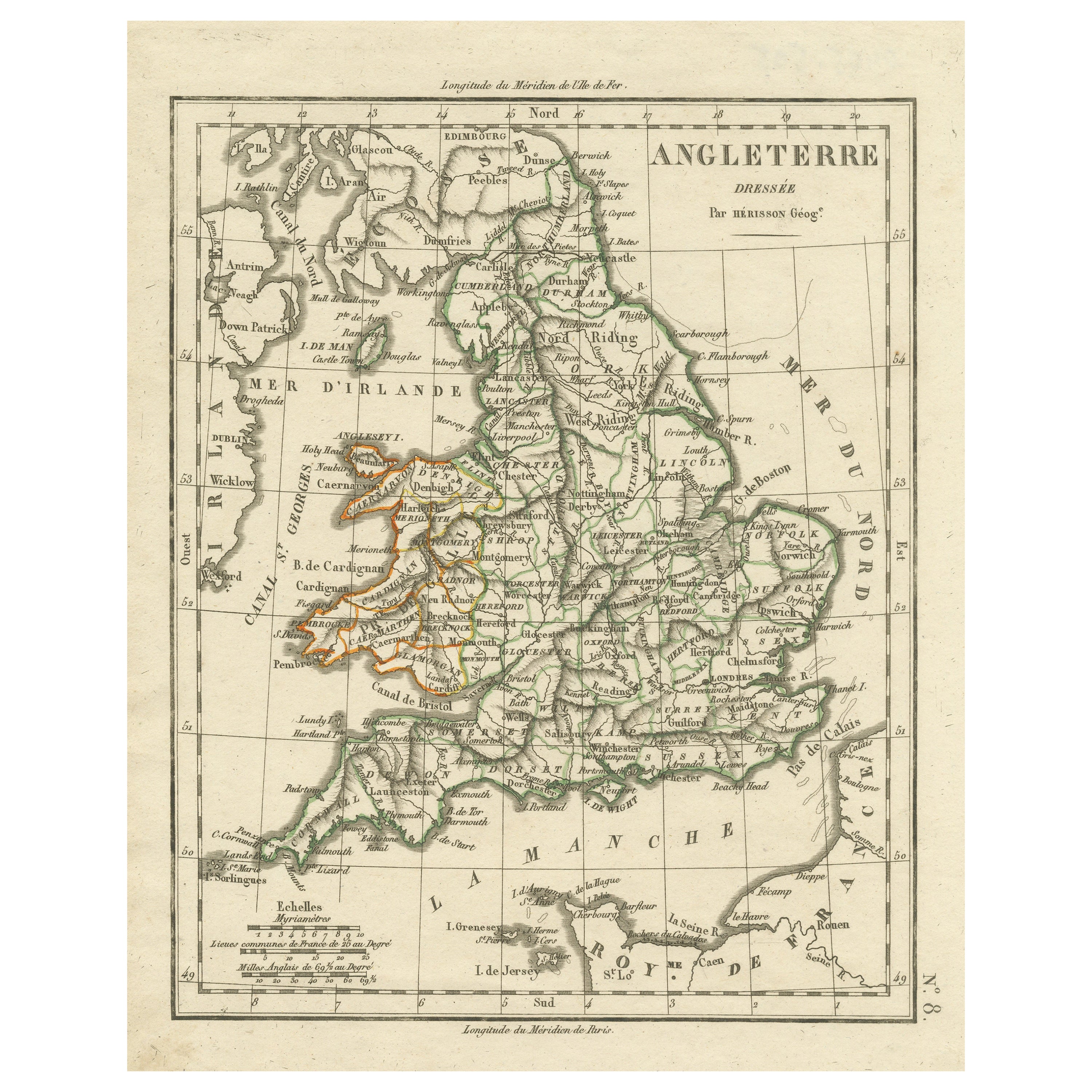 Original Antique Map of England with Outline Coloring For Sale