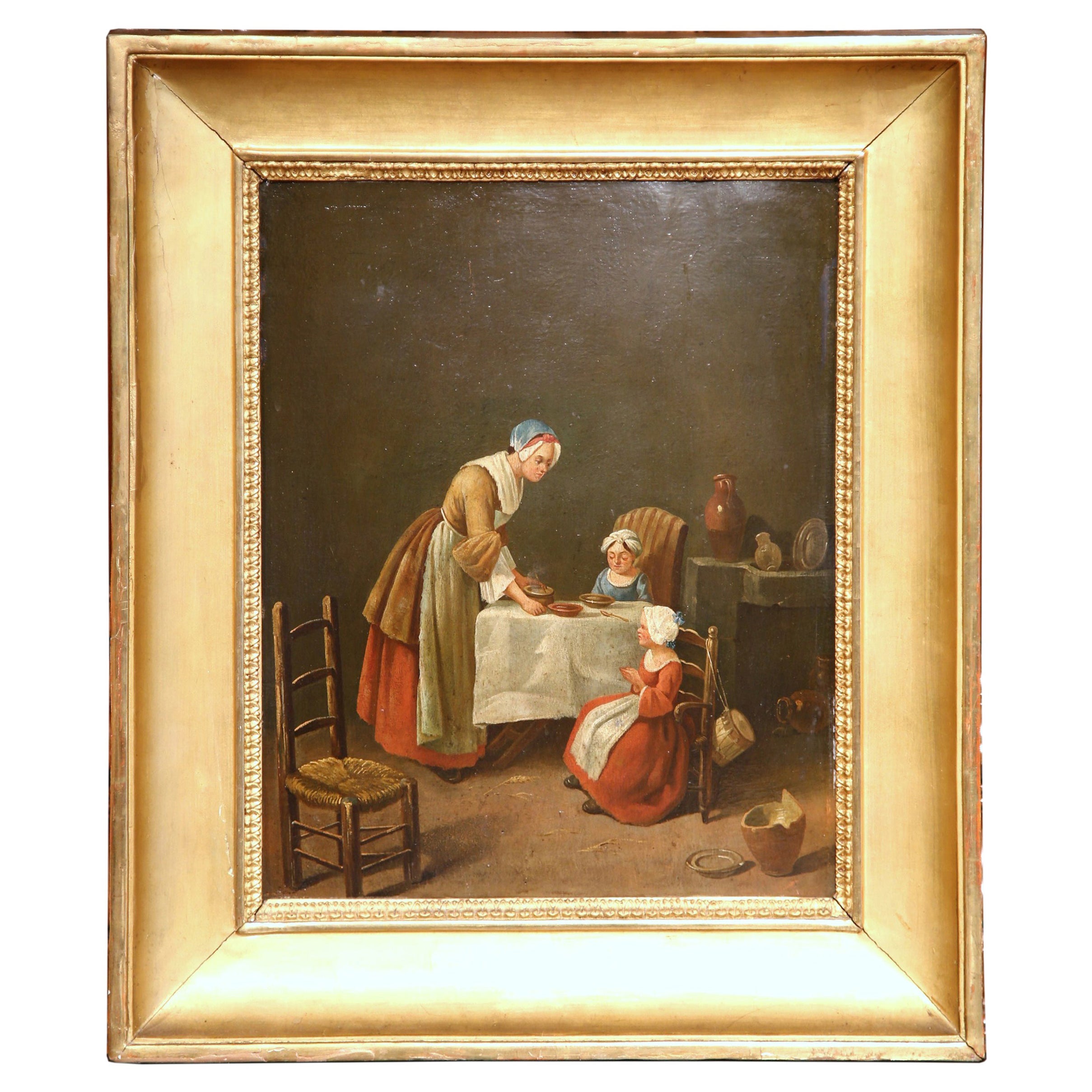 19th Century French Oil on Board Painting "Saying Grace" in Carved Gilt Frame