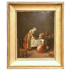 Peinture à l'huile sur panneau française du 19ème siècle intitulée « Saying Grace » dans un cadre sculpté et doré
