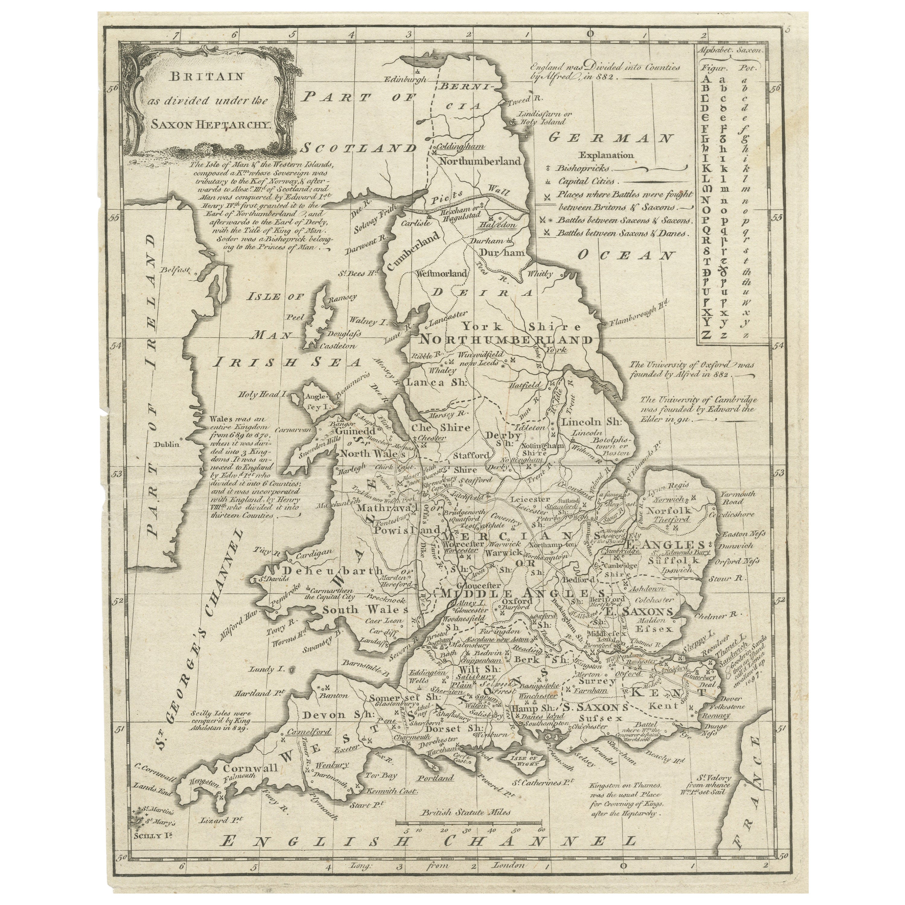 Carte ancienne d'Angleterre et de Pays de Galles représentant la période de la Heptarchy en vente