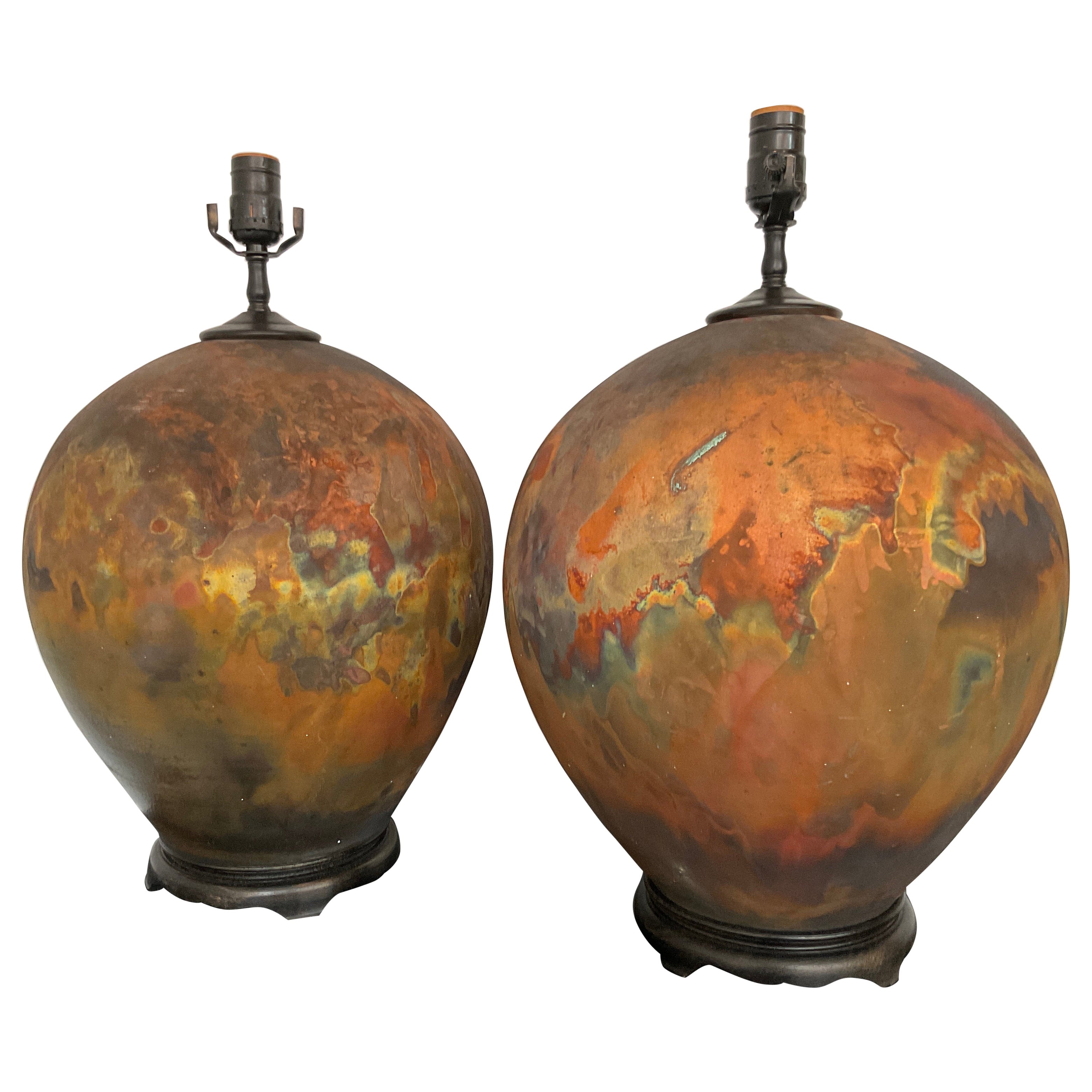 Lampes rondes en céramique Raku multicolore orange, années 1990 en vente