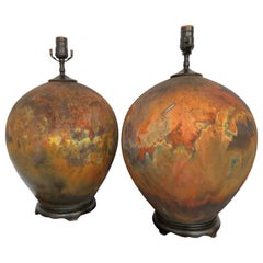 1990s Round Ceramic Raku Multi Color Orange Lamps