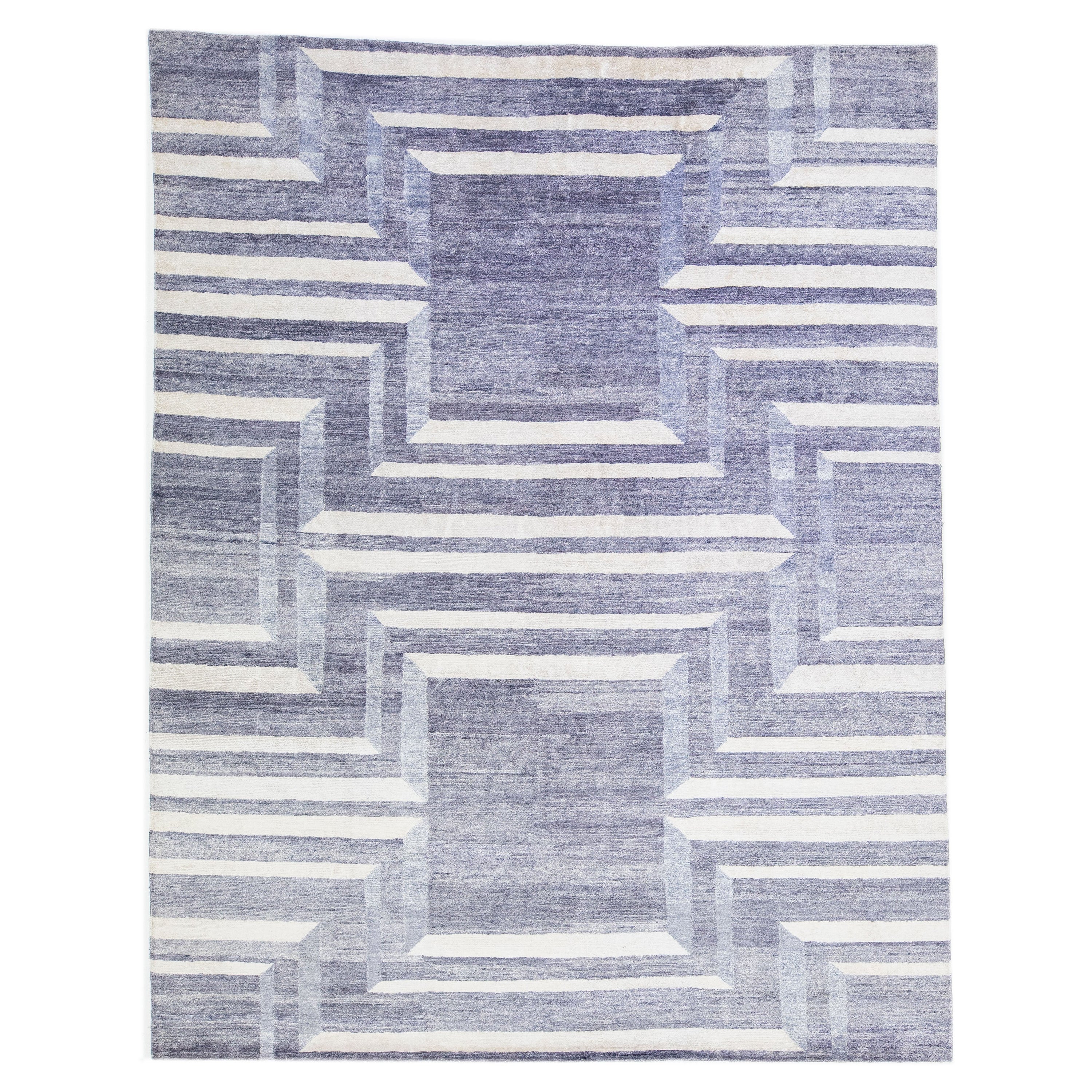 Handmade Modern Wool & Silk Rug with Gray Geometric Design For Sale