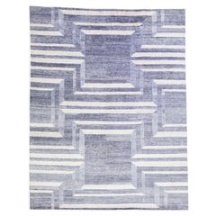 Handgefertigter moderner Teppich aus Wolle und Seide mit grauem, geometrischem Design