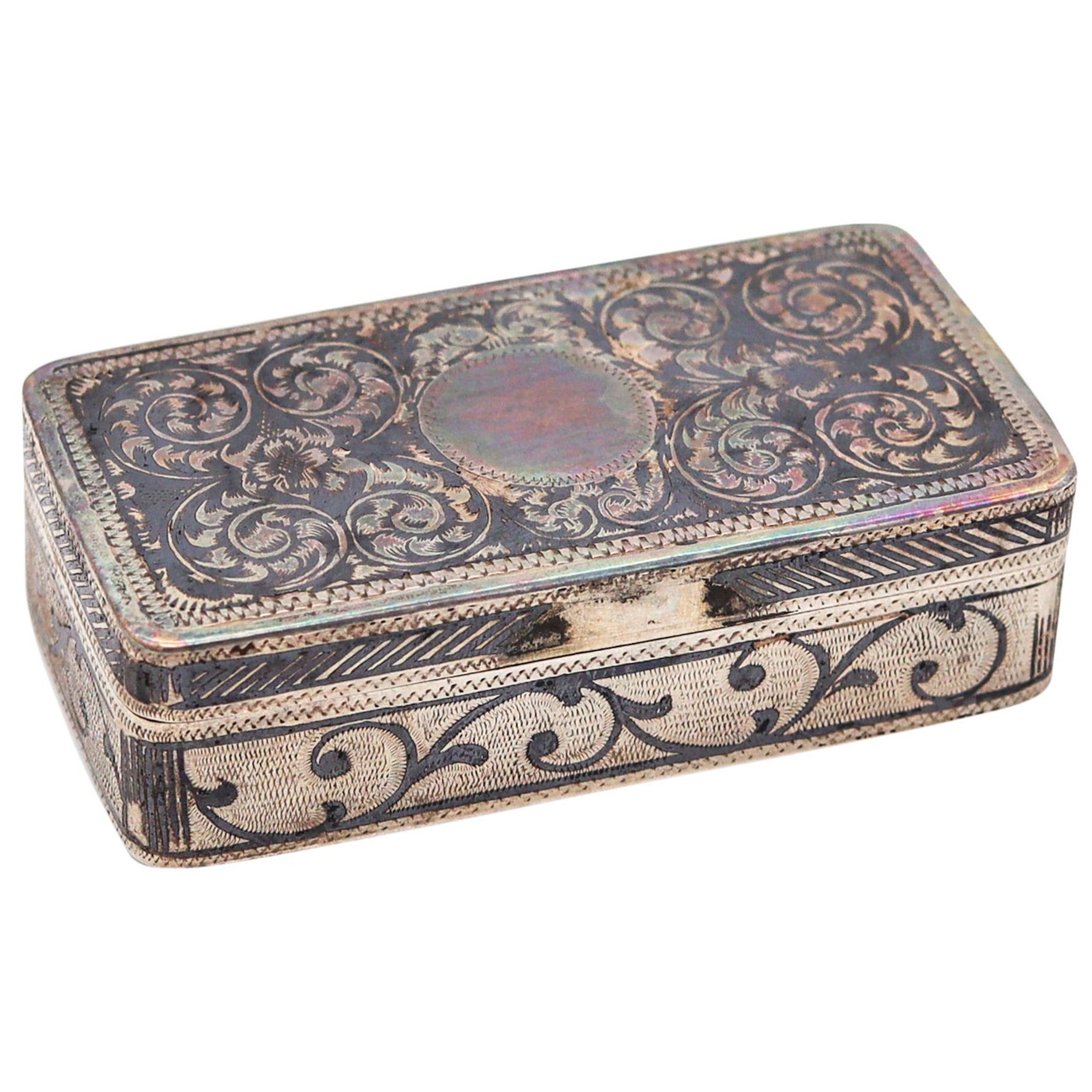 Russian 1898 Moscow Niello Rectangular Snuff Box in .875 Sterling Silver