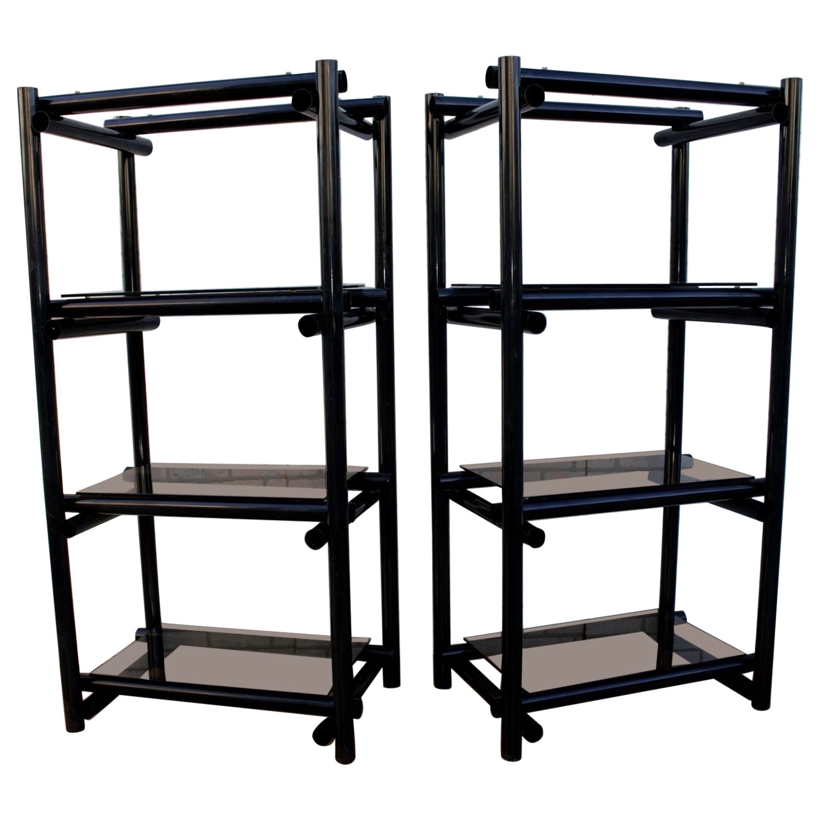 Vintage Modernist Tubular Black Metal Shelving Etagere with Tinted Glass, Pair For Sale