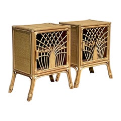 Vintage Costal Woven Rattan Nightstands, a Pair