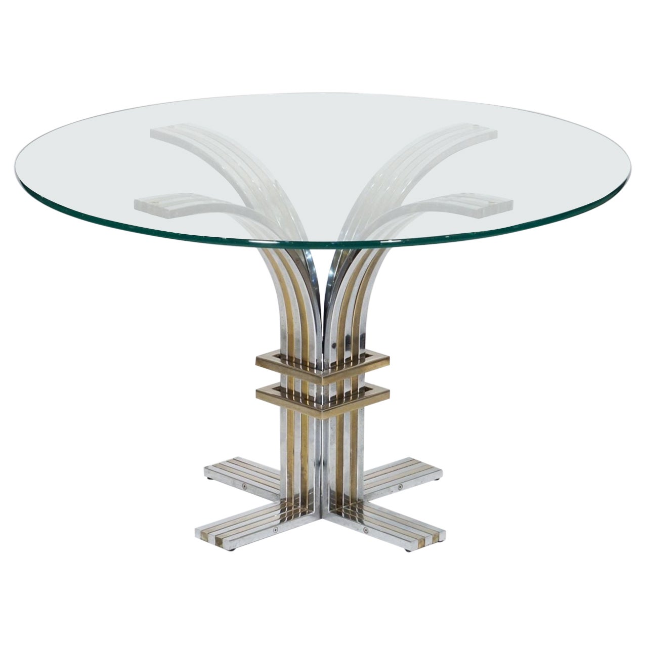 Round Glass Top Dining Table of Chrome and Brass from Italy, Attrib. Romeo Rega For Sale