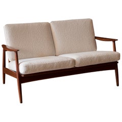 Teak Danish Modern Bouclé Settee Sofa by MM Moreddi