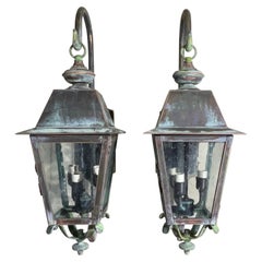 Large Pair of Handcrafted Wall-Mounted Solid Copper and Brass Lantern