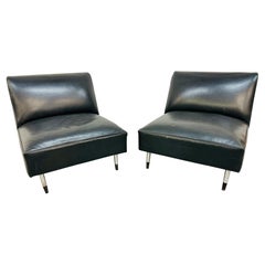 Vintage Knoll Style Modern Black Leather Slipper Chairs