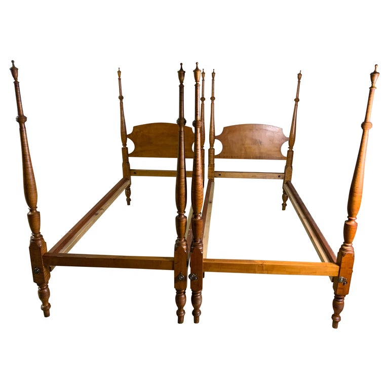 Pair of Curly / Birdseye Maple Twin Poster Beds For Sale at 1stDibs