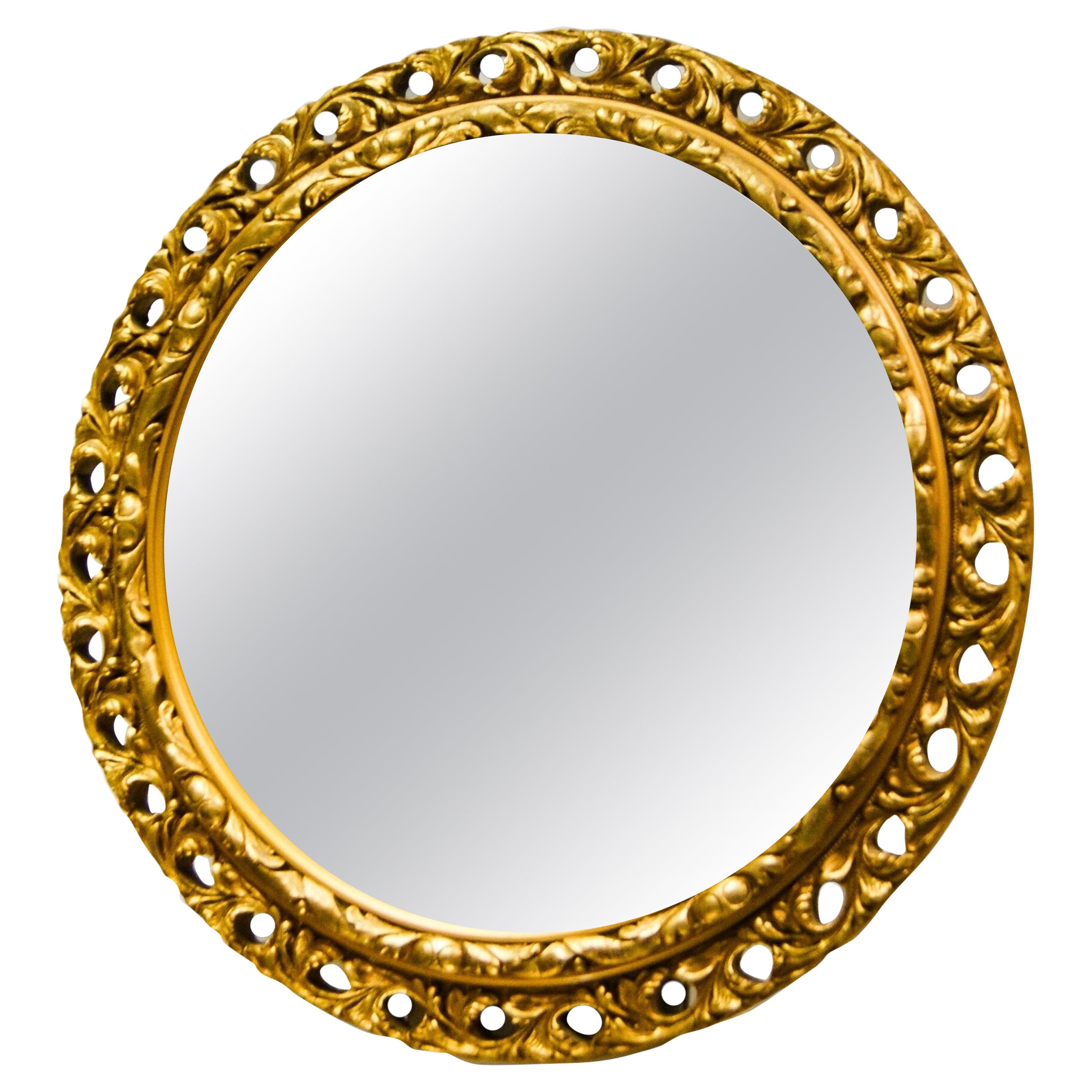 Midcentury French Large Gilded Convex Wall Hanging Mirror For Sale