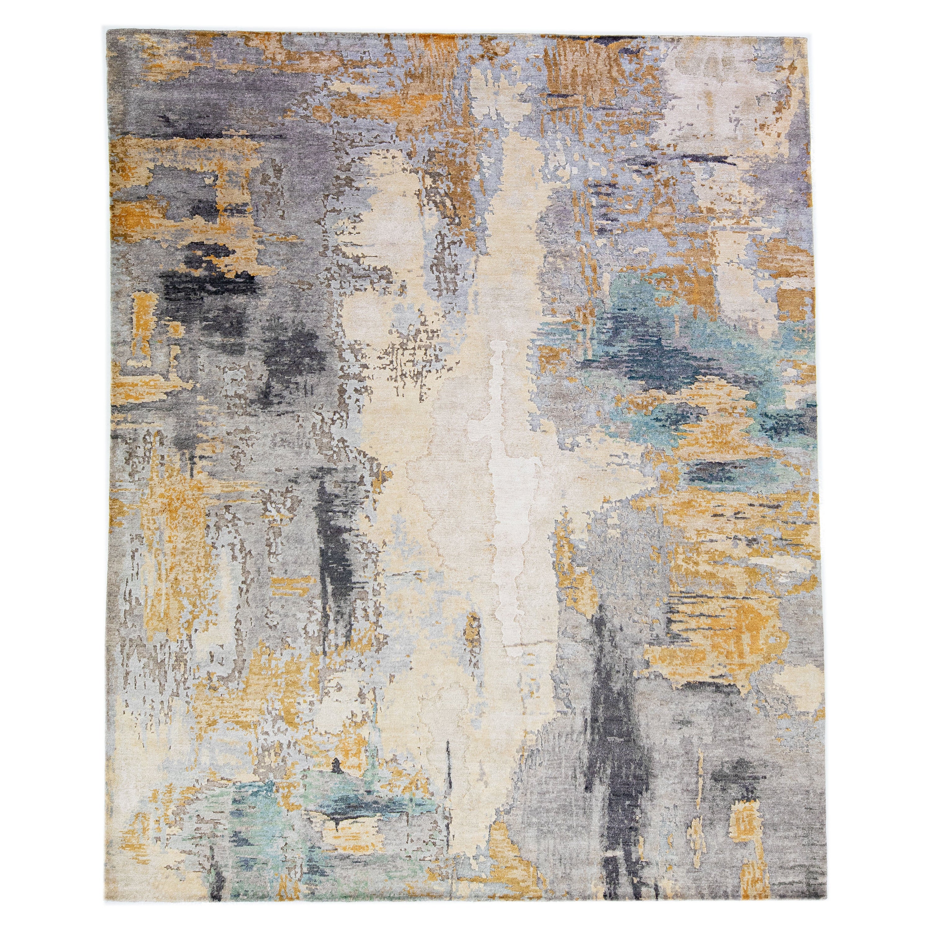 Modern Handmade Gray & Gold Abstract Wool & Silk Rug For Sale