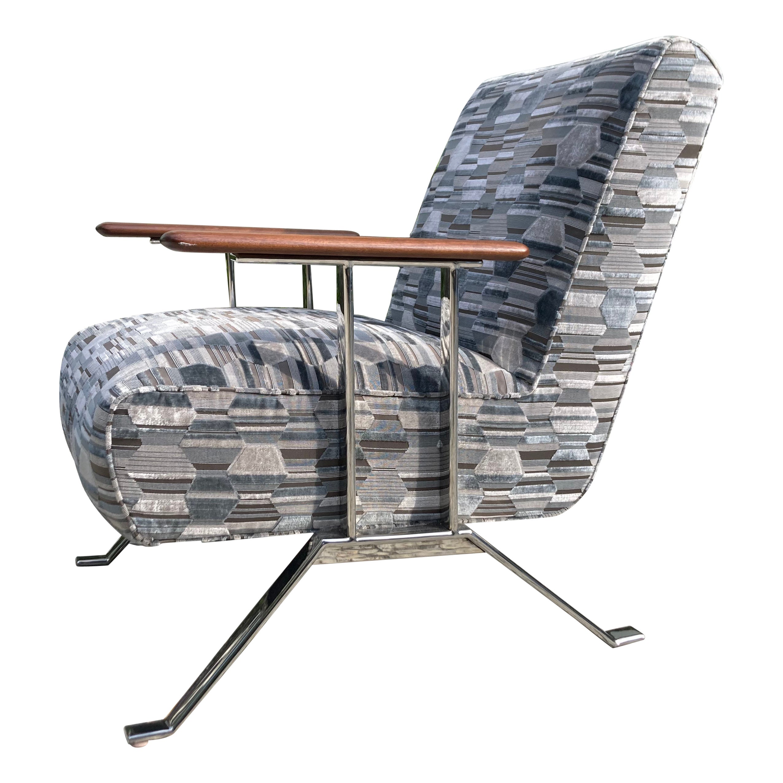 Modern Chrome Lounge Chair with Walnut Arms