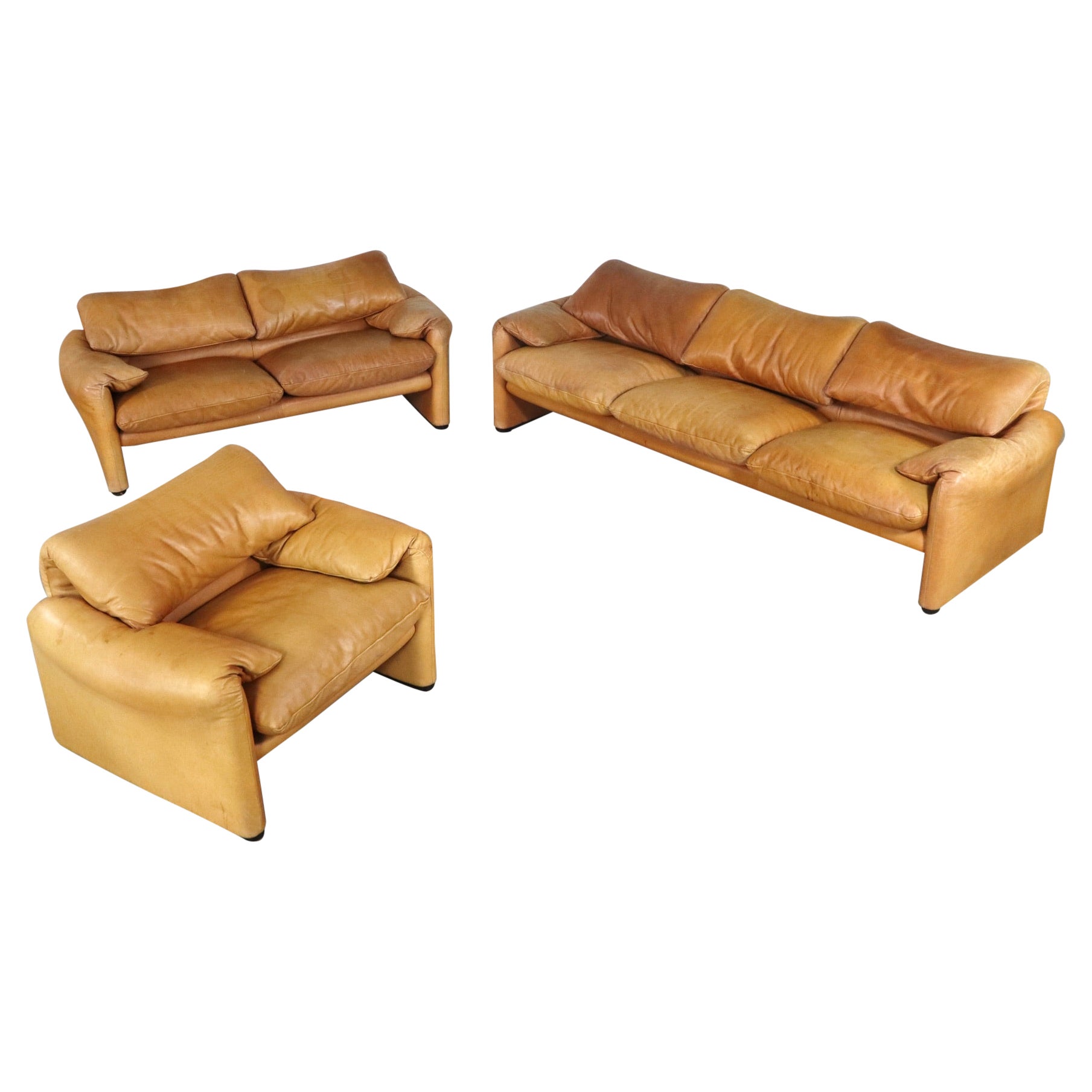 Maralunga Set in Cognac Leather by Vico Magistretti for Cassina, 1970s