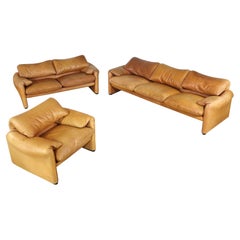 Maralunga Set in Cognac Leather by Vico Magistretti for Cassina, 1970s