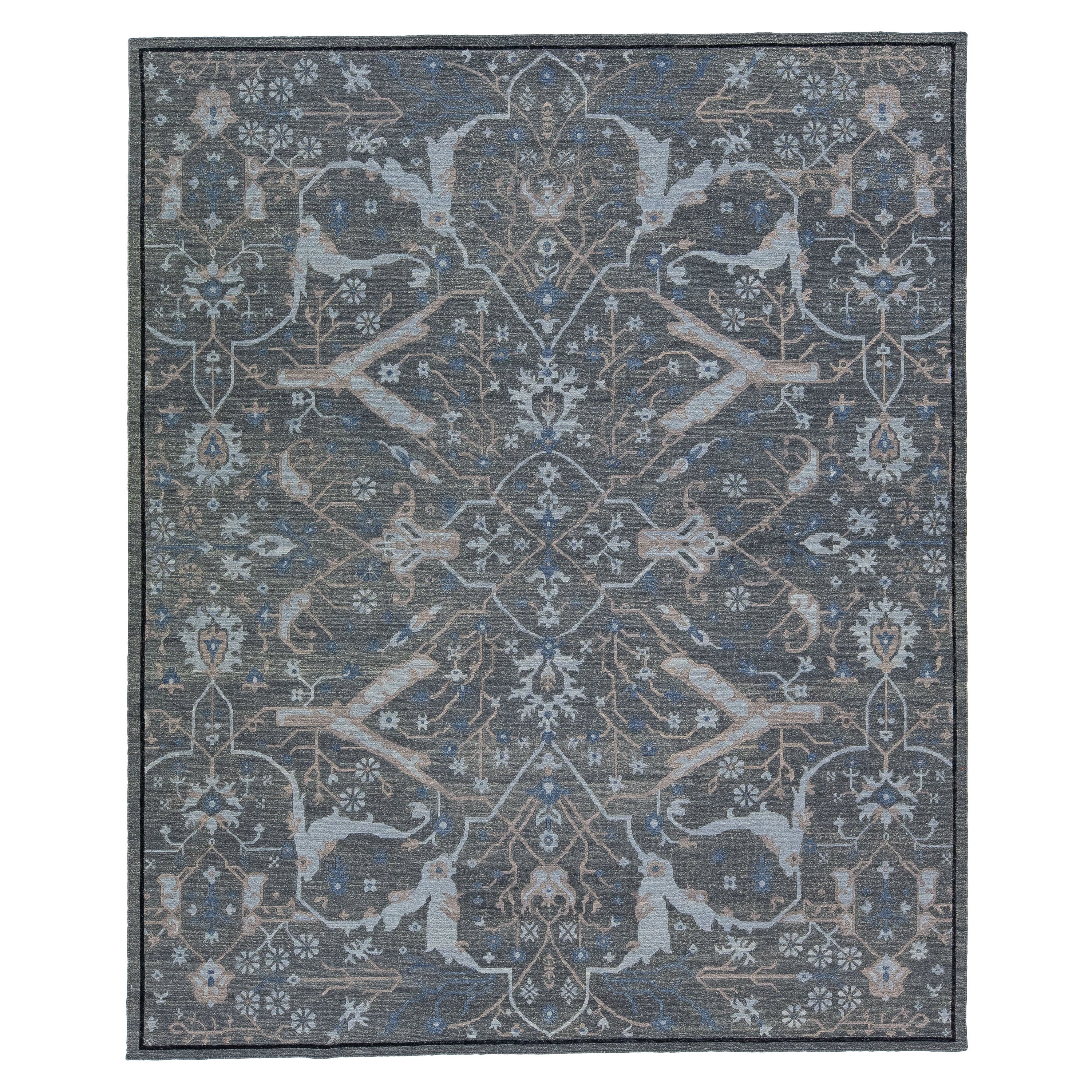 Gray Modern Soumak Handmade Wool Rug with Allover Pattern For Sale