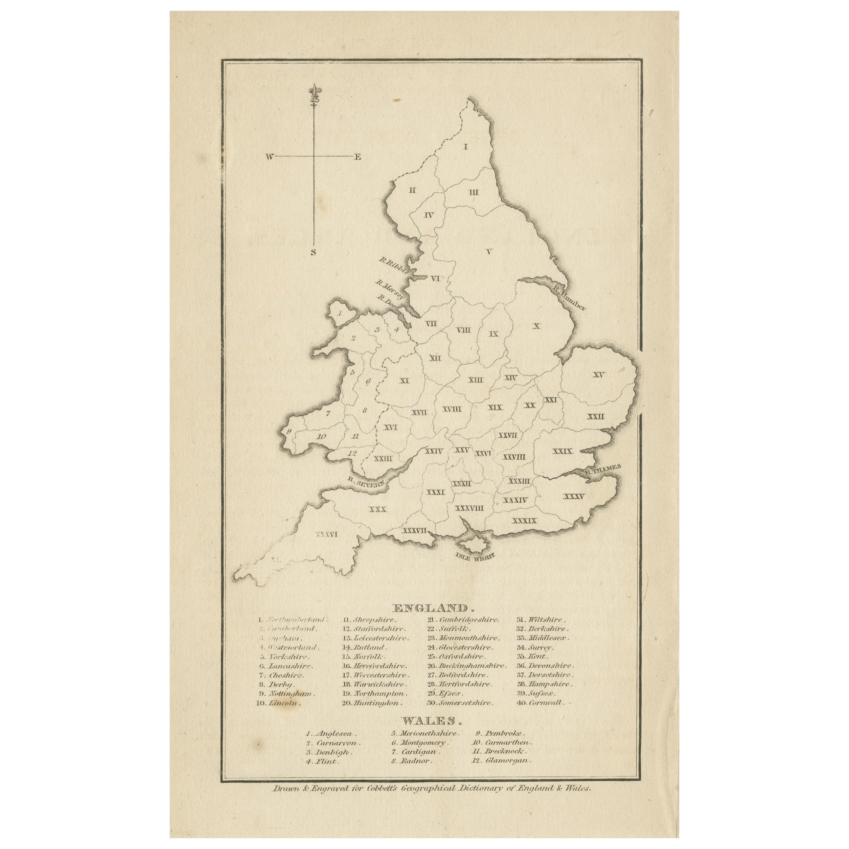 Antike Karte von England und Wales mit römischen Ziffern