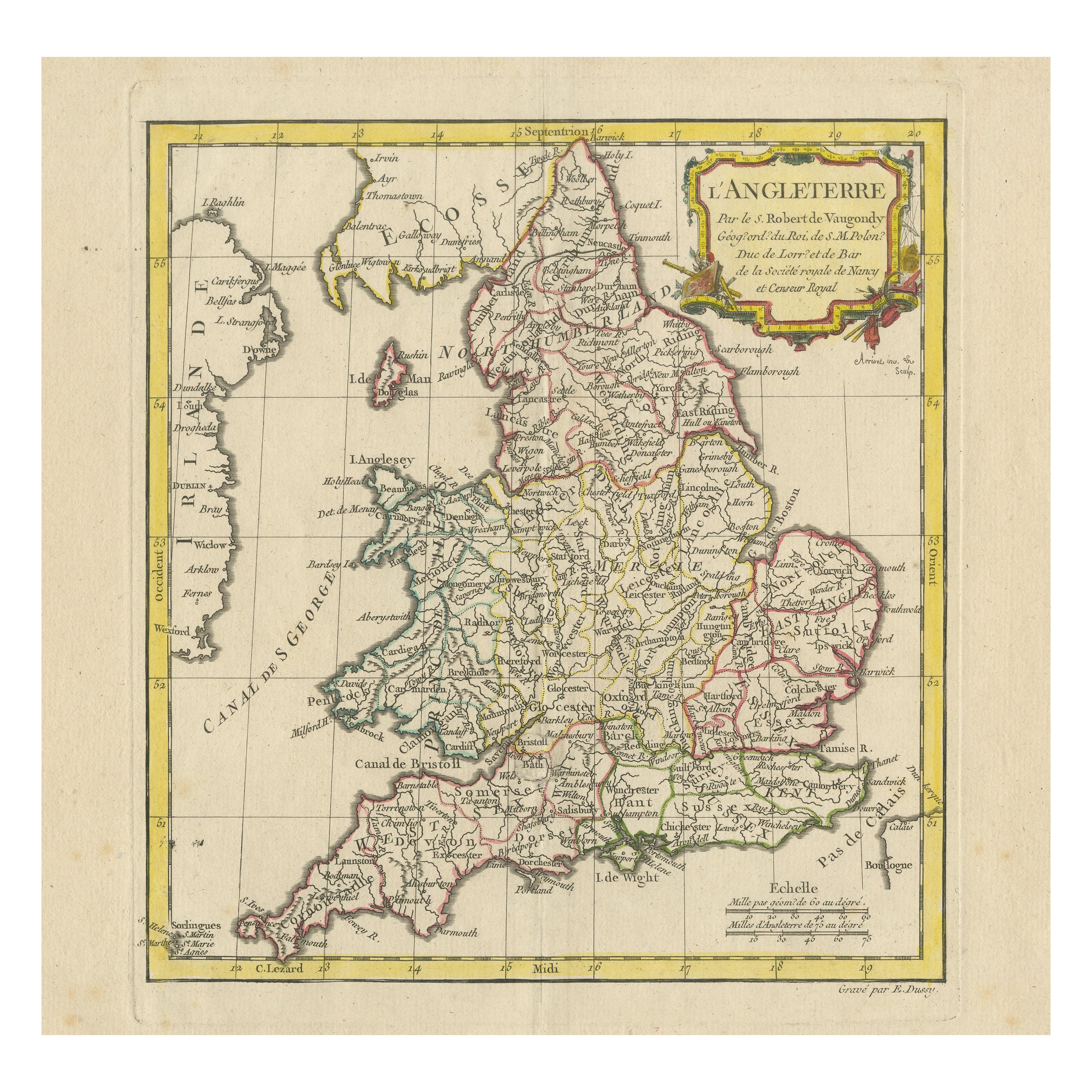Carte originale et ancienne d'Angleterre avec cartouche décorative en vente