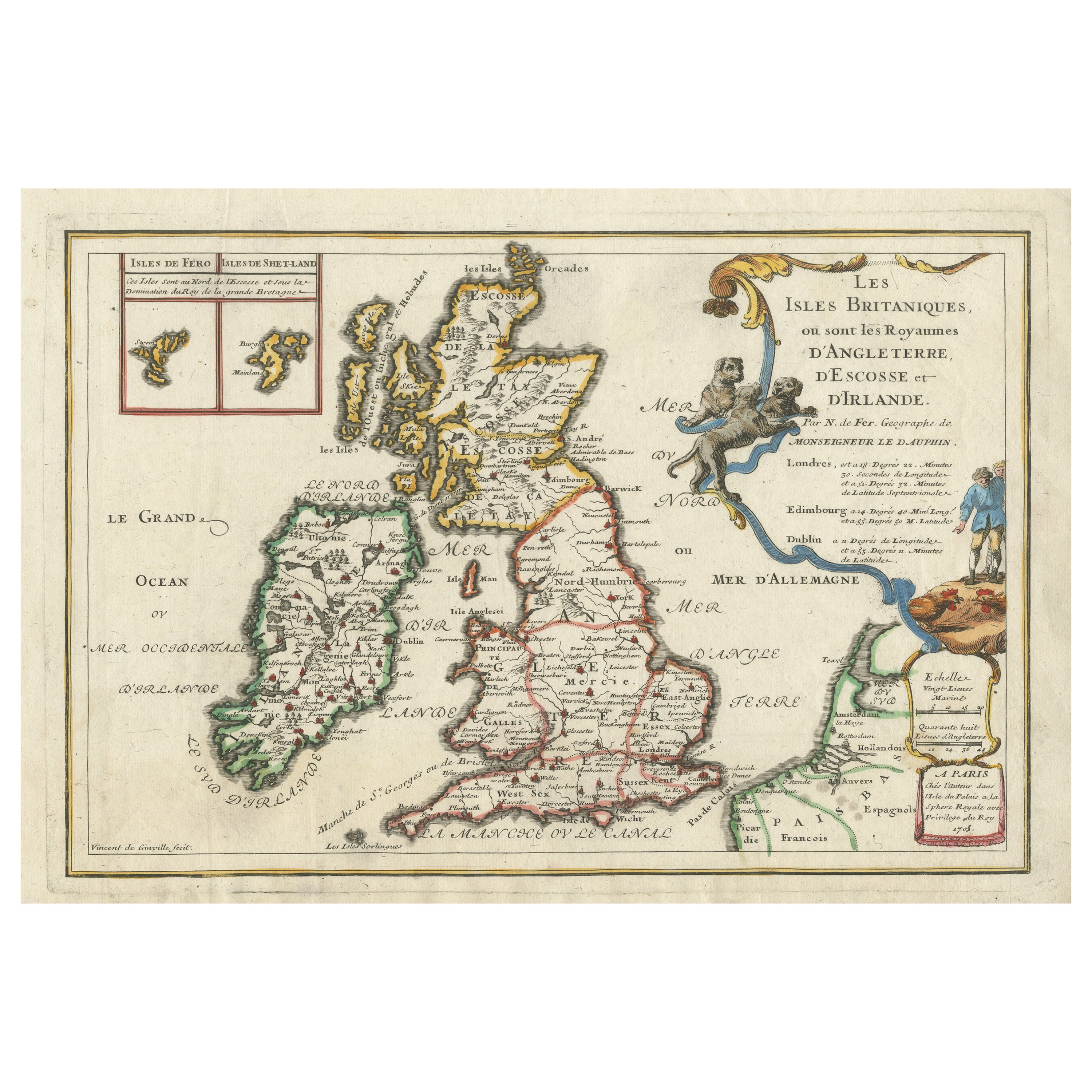 Old Map of the British Isles with the Faroes and Shetlands, Showing Cock Fights For Sale